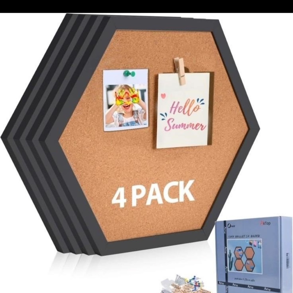 New in Box Hexagon AKTOP Cork Bulletin Board Hexagon 4 Pack, Black Color